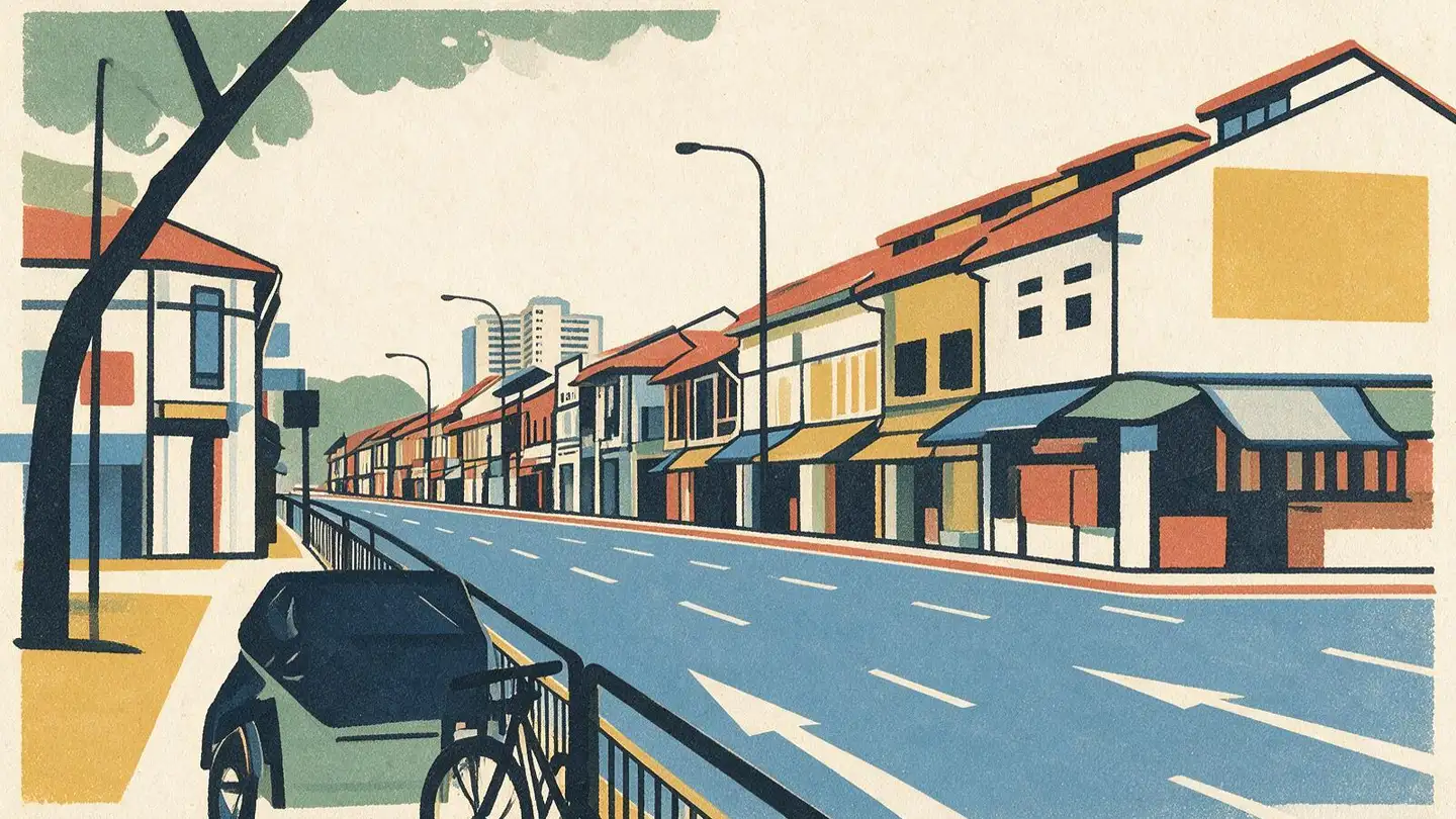 Illustration of residential streetscape around Little India, Singapore
