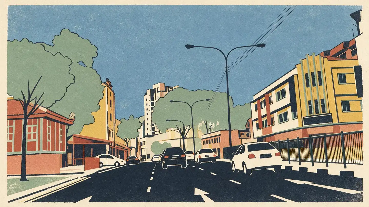 Illustration of residential streetscape around Balestier, Singapore