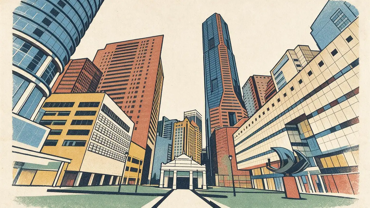 Illustration of residential streetscape around Raffles Place, Singapore